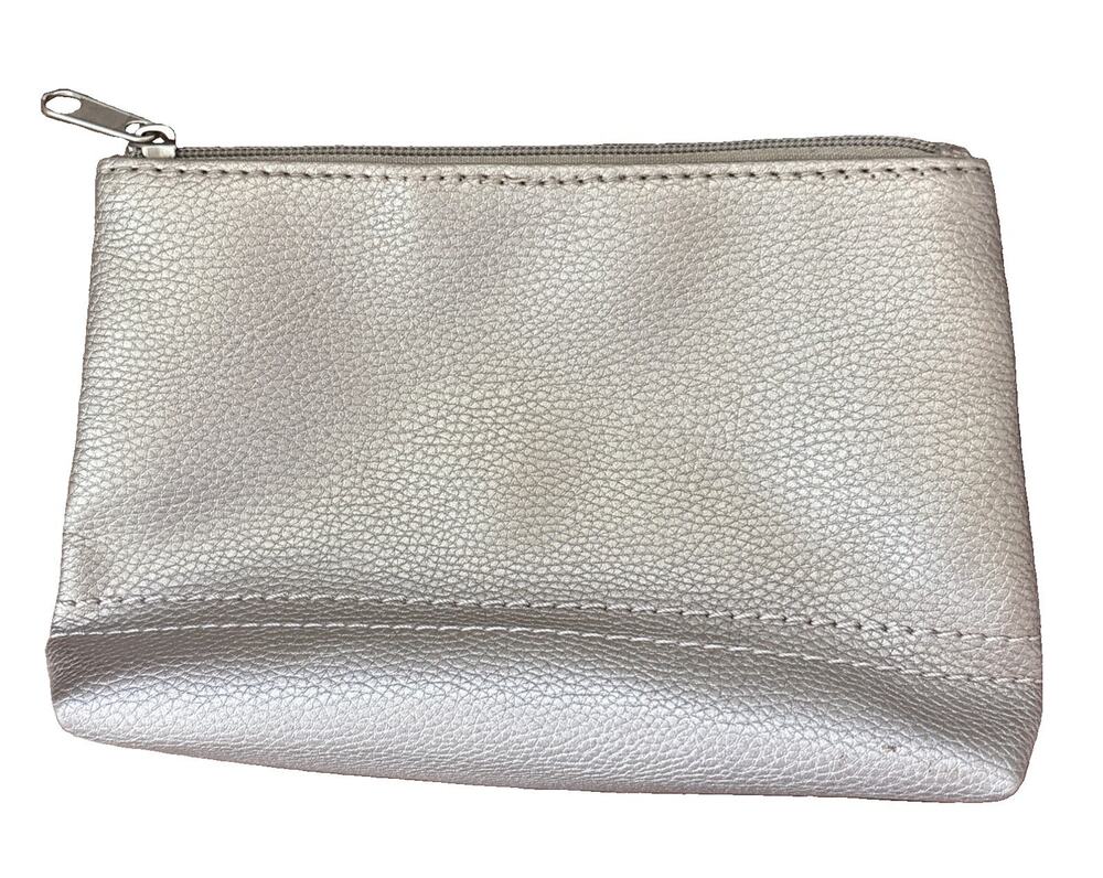 Neiman Marcus Pewter Metallic Leather Zip Pouch Cosmetic Bag Clutch
